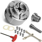 5.5" 4 Jaw Key Self-Centering Woodlathe Chuck, Thread 1-1/4"x8TPI", with Dovetail Jaws, Wood Screw, Thread adaptor to 1"x8TPI, Two Nylon Washers, Chuck Key and T Handle Key for Woodturning Lathe.